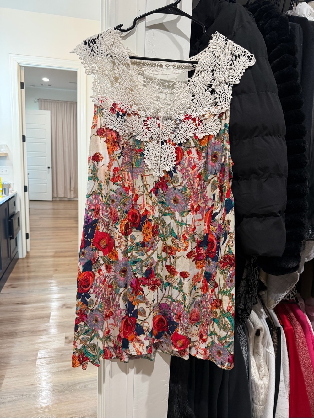 Umgee Ivory Crochet Yoke Floral Camisole with Multicolor Print